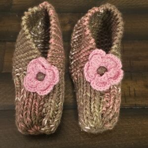 Handmade Knit Slippers Size 6 Pink & Brown New